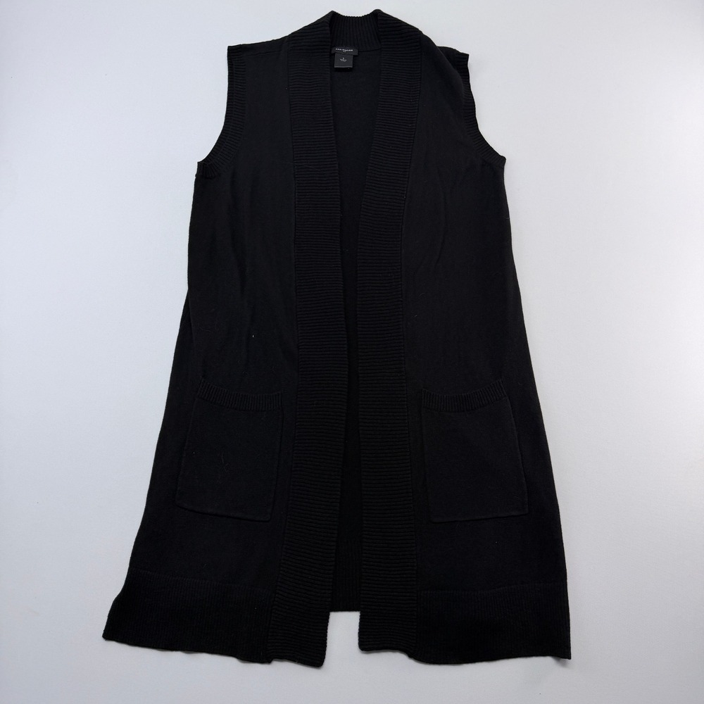 Ann Taylor Womens Black Longline Sleeveless Cardigan Vest Knit Pockets Small
